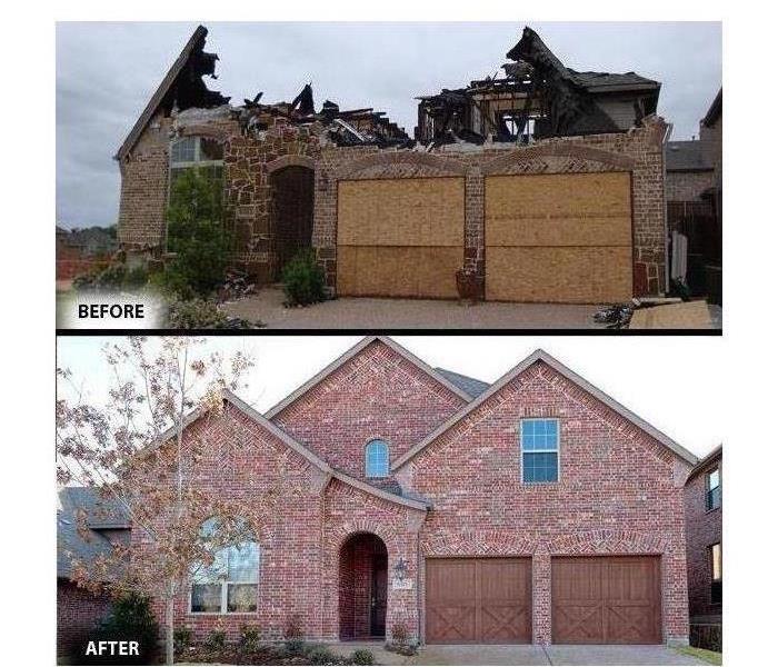 Before and after picture of a home damaged by fire, roof destroyed, windows boarded. After picture - Restored home 