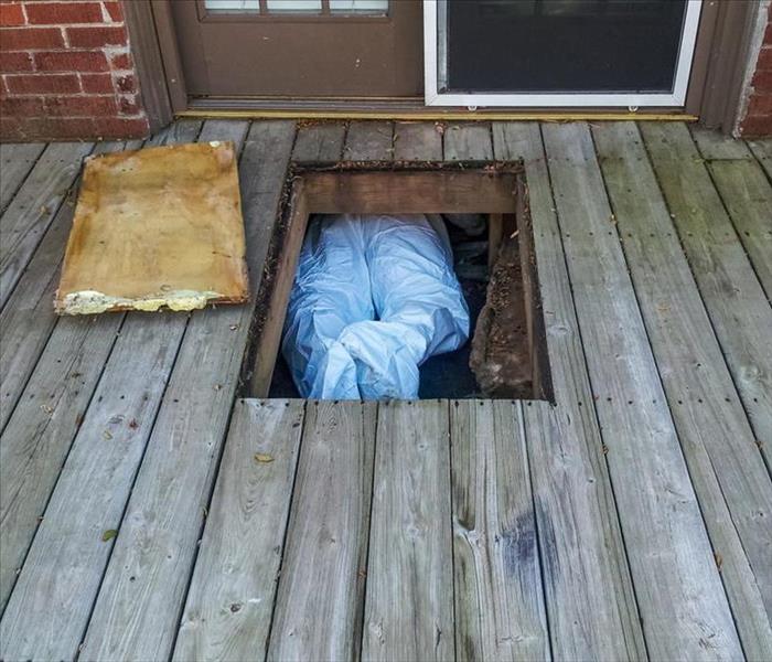Worker in protective suit hanging from the house under a crawl space beneath a wooden deck - only his legs and feet showing